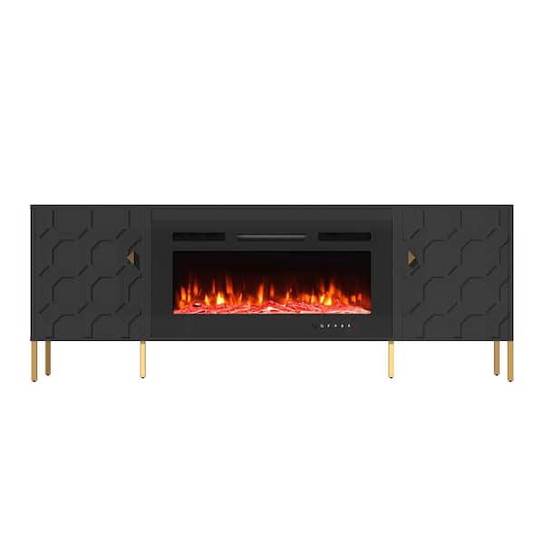 Clihome 70 in. W Adjustable Shelf Black TV Stand with 2-Cabinets and Fireplace