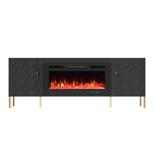 70 in. W Adjustable Shelf Black TV Stand with 2-Cabinets and Fireplace
