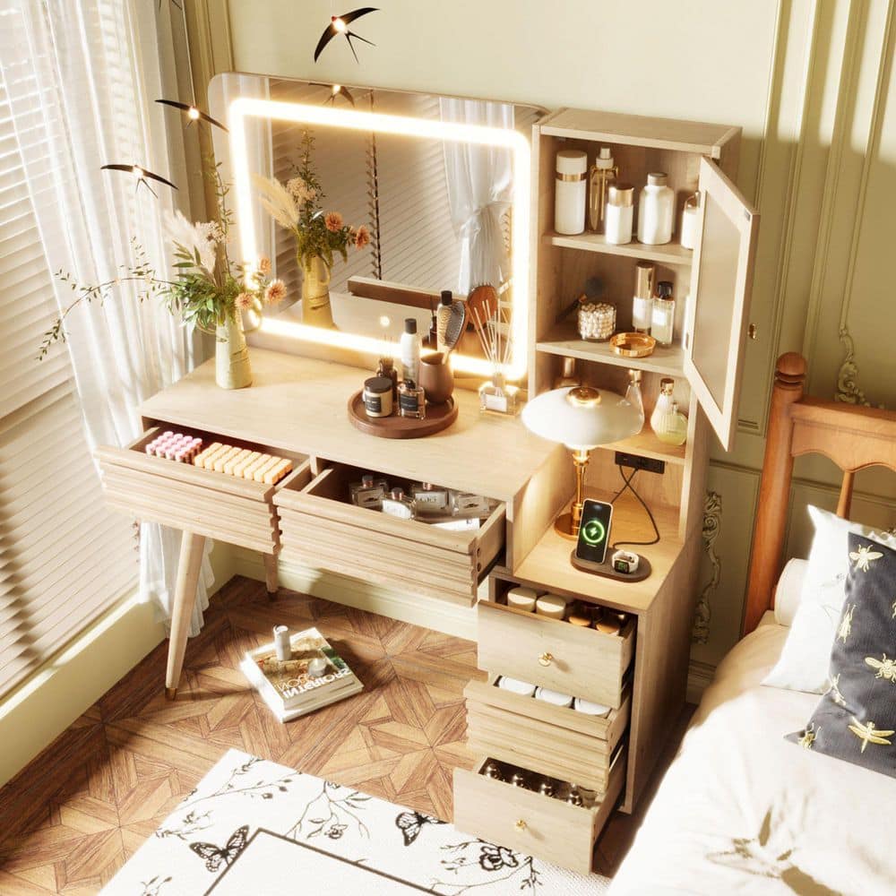 Natural Makeup Vanity with Mirror and Lights,5 Drawers and Rubber Wood Legs and Power Outlet price history on PriceWatchPro