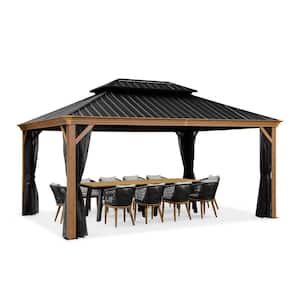 12 ft. x 16 ft. Hardtop Gazebo Galvanized Steel Roof Gazebo Pergola with Wooden Coated Aluminum Frame and Mosquito Net