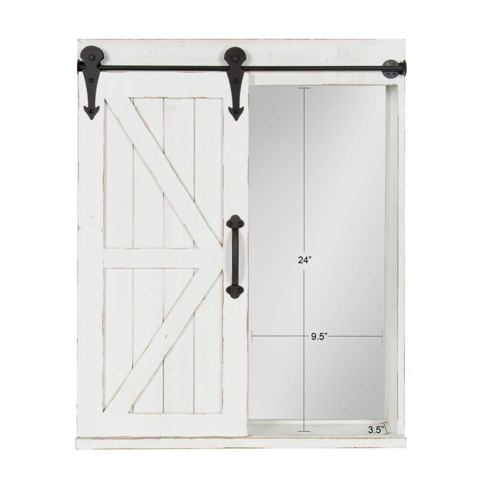Rustic White Wood Wall Storage Cabinet with Sliding Barn Door and Mirror