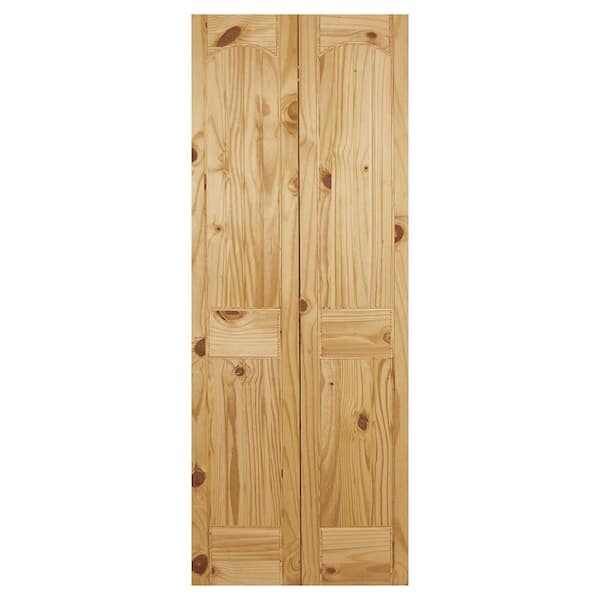 36 in. x 80 in. 2 Panel Arch Top Plank Solid Core Unfinished Knotty Pine Wood Bifold Door