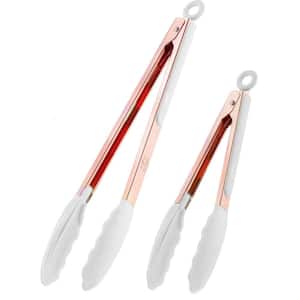 2-Pack (9 in. and 12 in.) Tongs for Cooking with Silicone Tips - Rose Gold - White