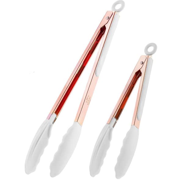 Zulay Kitchen 2-Pack (9 in. and 12 in.) Tongs for Cooking with Silicone Tips - Rose Gold - White