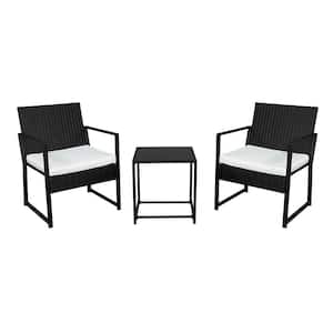 Black 3-Piece Wicker Outdoor Bistro Set Armchairs with Washed White Cushion