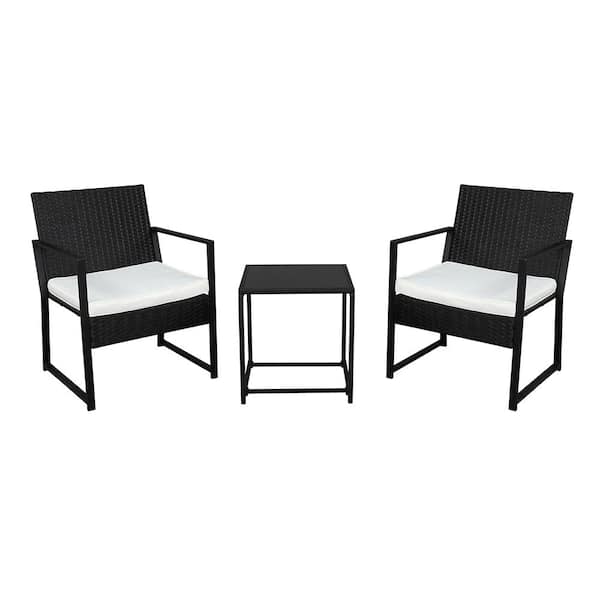 Winado Black 3-Piece Wicker Outdoor Bistro Set Armchairs with Washed White Cushion