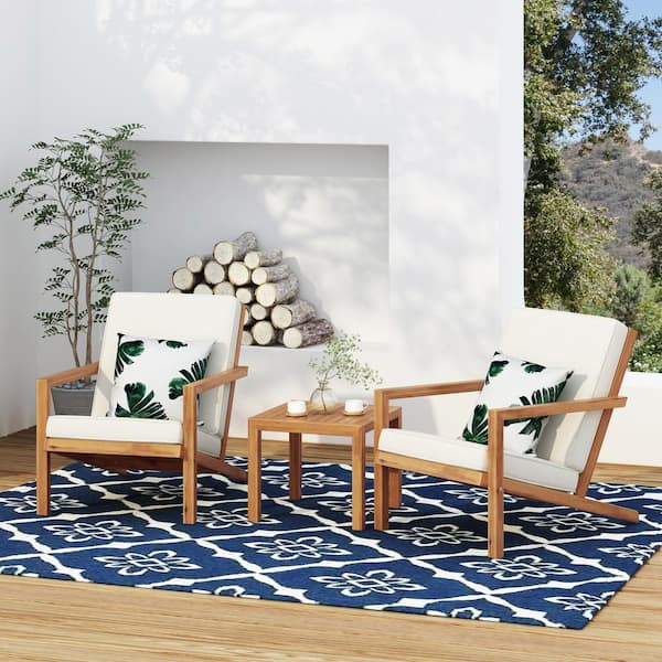 Unbranded 3-Piece 25.6 in. Rectangle Light Brown Wood Picnic Tables Set with Beige Cushions