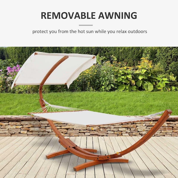 White Teak Outsunny 130 x 47 Hammock with Stand Freestanding Lounge Chair with Wooden Frame Cotton Fabric for Outdoor Indoor Outdoor Hammock Camping Bed 