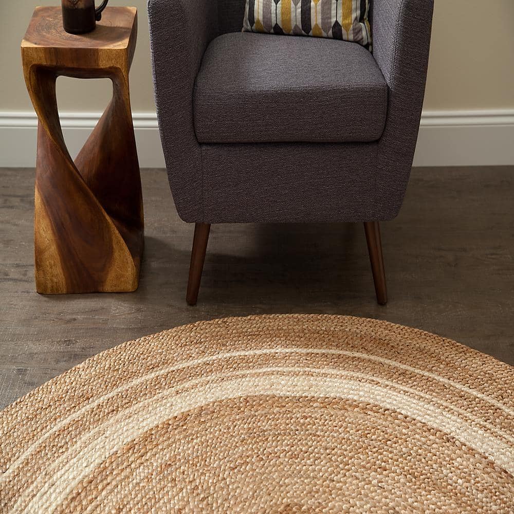 Sunrise Beige Tan Ivory Braided Wool Round Rug, 6' Diameter