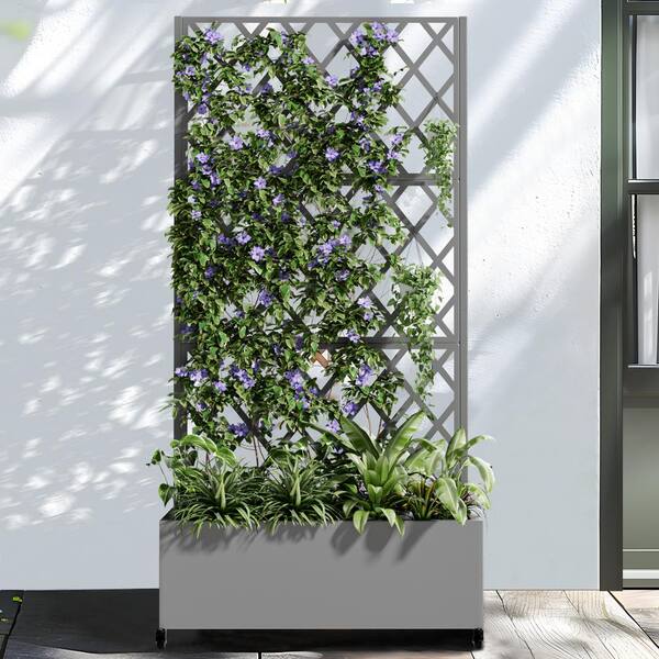 Unbranded - 35 in. x 16 in. x 71 in. Grey Galvanized Steel Rectangular Raised Garden Bed Planter Box With Climbing Frame, Wheels