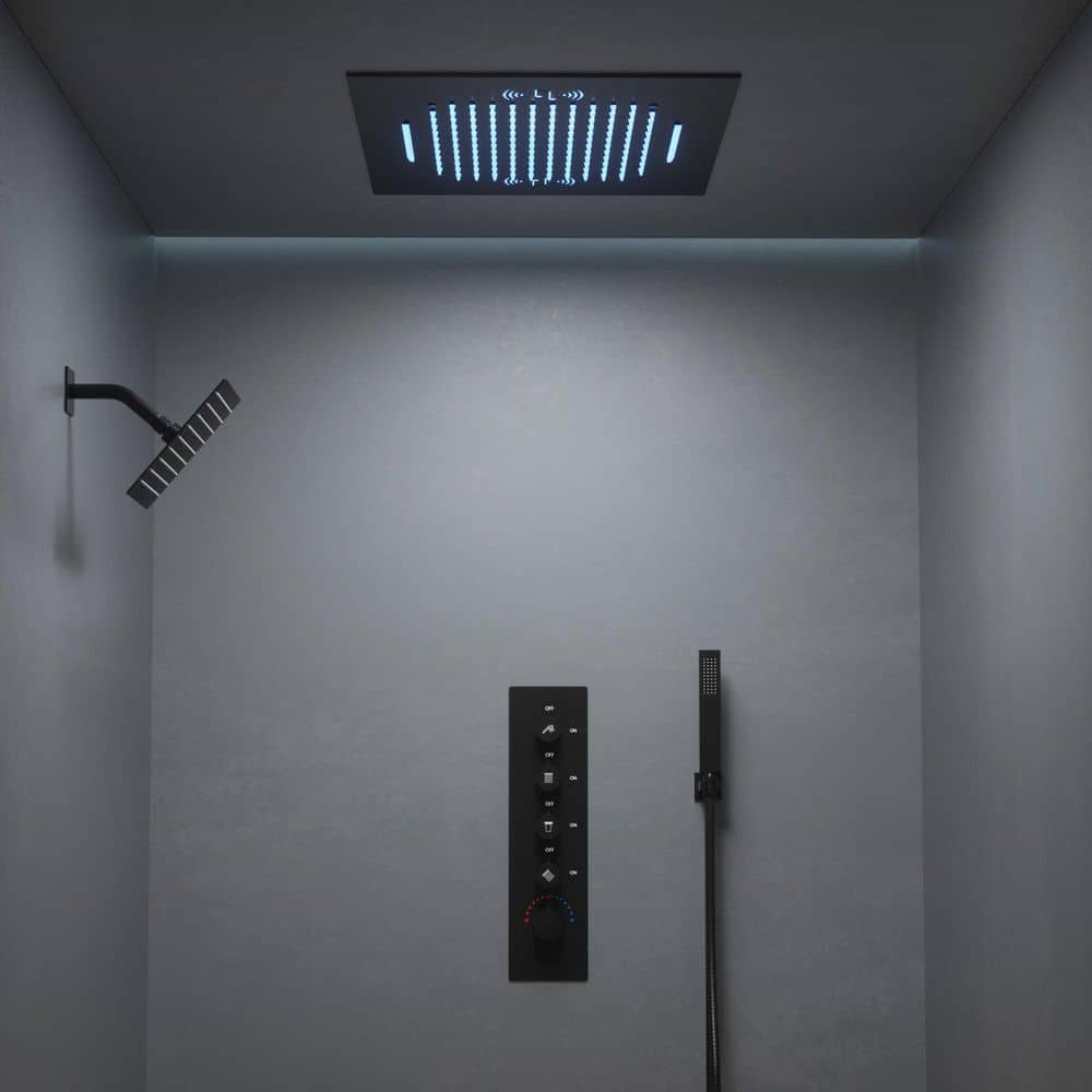 Matte Black Large LED Ceiling Mounted Shower System with Bluetooth Speaker