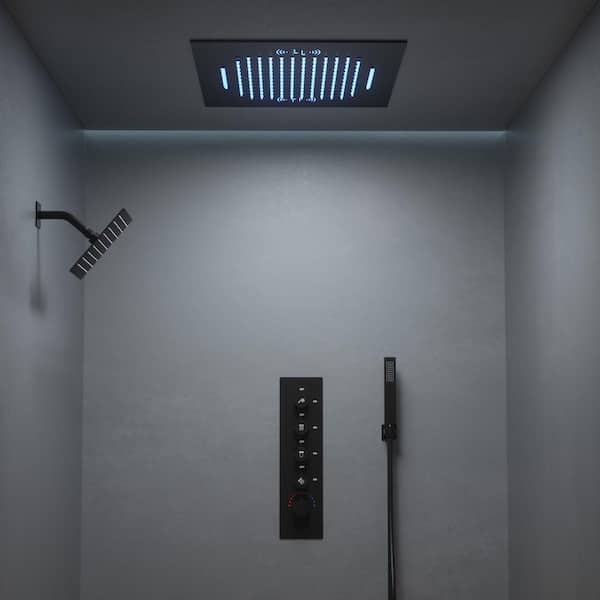GRANDJOY Aurora Luxury LED Dual Showers 4-Spray 20 in. and 10 in. Fixed Shower Head with Handheld 2.5 GPM in Matte Black-4 Spray