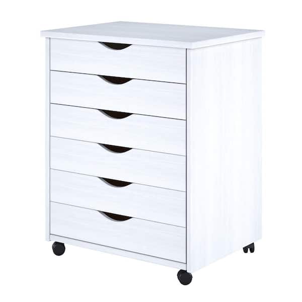 White 6-Drawer Solid Wood Wide Roll Cart