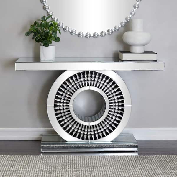 Litton Lane 47 in. Silver Large Rectangle Glass Mirrored Crystal Console Table
