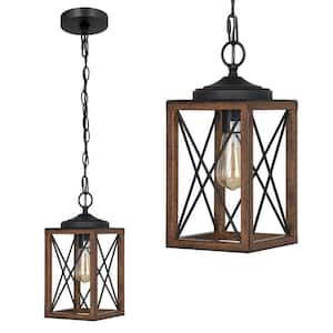 60-Watt 1-Light Adjustable Pipes Pendant Light with Bronze Wooden Grain Shade, No Bulbs Included