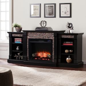 Nordena 71.75 in. Touch Panel Electric Fireplace in Satin Black with Black River Faux Stone