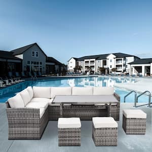 7-Piece Metal Wicker Outdoor Sectional Set with Beige Removable Cushions and Rectangular Dining Table
