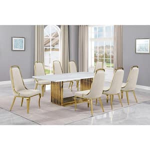 Lisa 9-Piece Rectangle White Marble Top Gold Stainless Steel Dining Set With 8-Cream Velvet Gold Chrome Iron Chairs