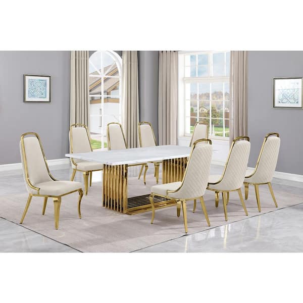 Best Quality Furniture Lisa 9-Piece Rectangle White Marble Top Gold ...