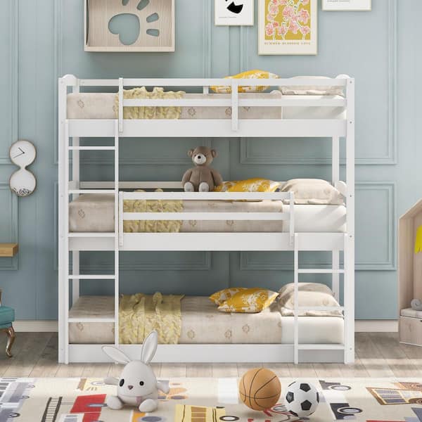ANBAZAR White Low Twin Wood Bunk Bed for Kids, Twin Over Twin Triple Wood Bunk Beds with Ladder, Can be separated to 3 Beds