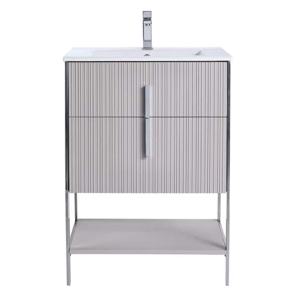 24 in. W x 18 in. D x 33.5 in. H Bath Vanity in Bright Taupe with White Ceramic Sink Top with Chrome Hardware