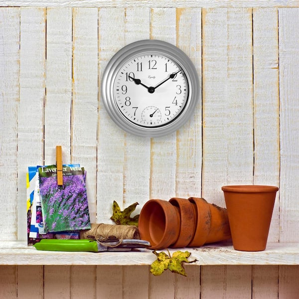 Equity by La Crosse 8 in. In/Out Metallic Silver Quartz Wall Clock with Thermometer