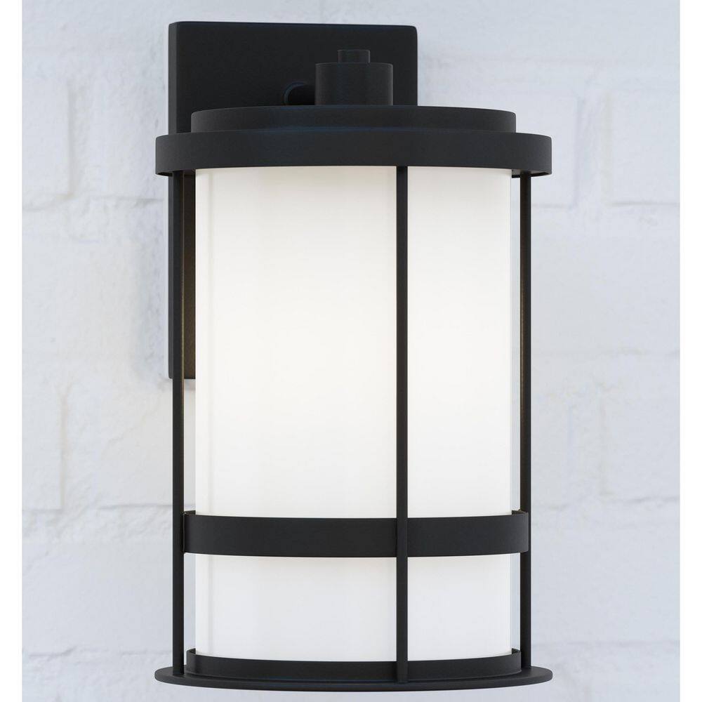 Black Satin Etched Glass Cylinder Outdoor Wall Lantern