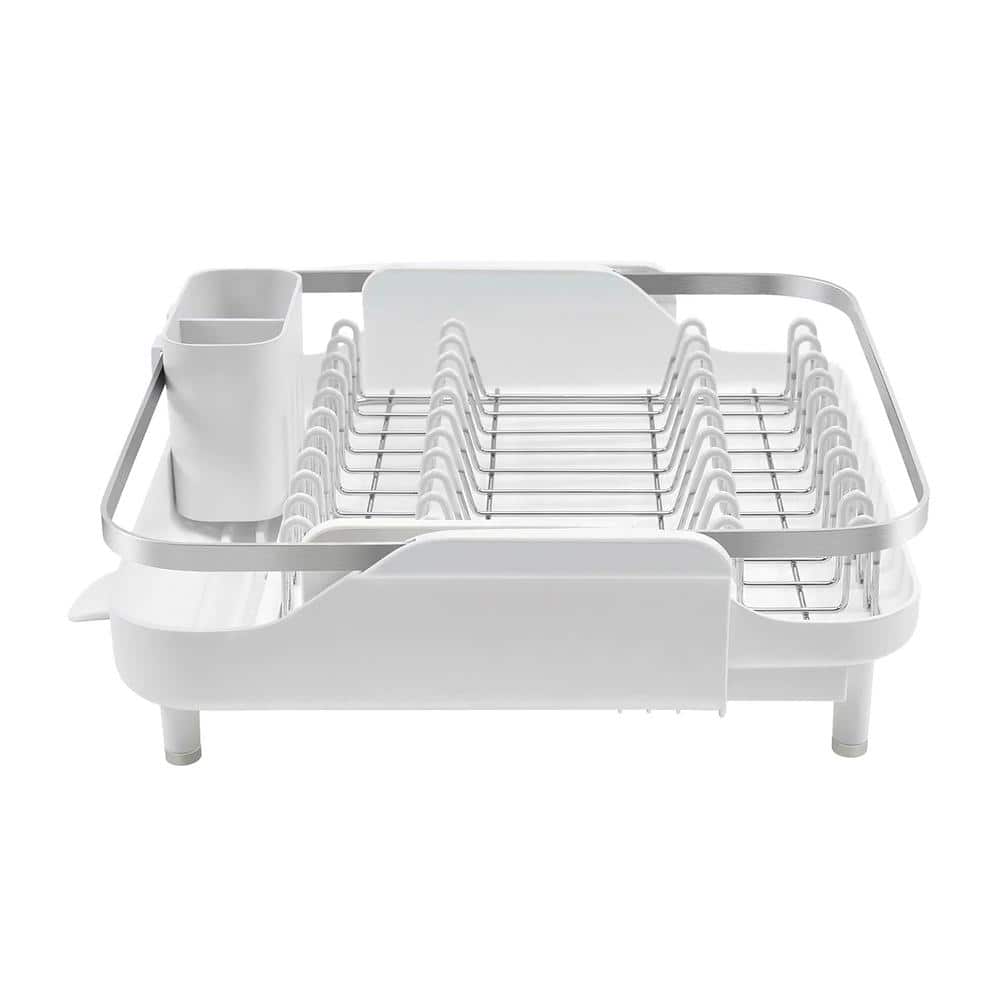 Large White Metal Foldable Dish Rack with Utensil Cup