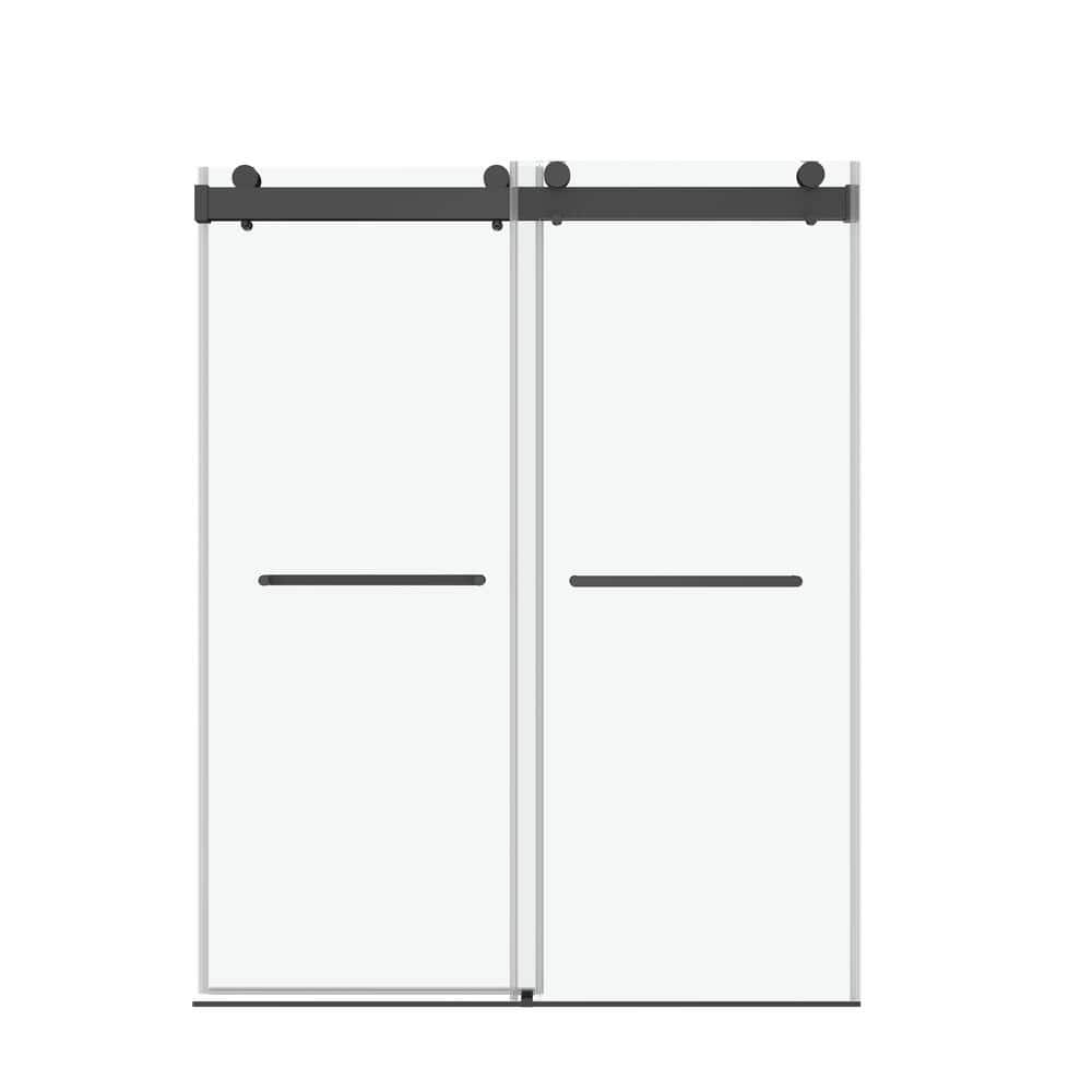 60" Matte Black Frameless Double Sliding Shower Door with Clear Glass