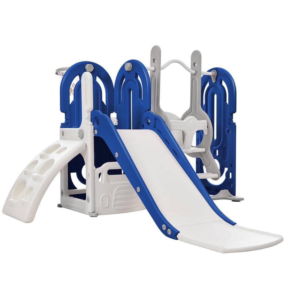 5-in-1 Toddler Slide and Swing, Kids Playground Climber Slide Playset w/Basketball Hoop Freestanding Combination in Blue