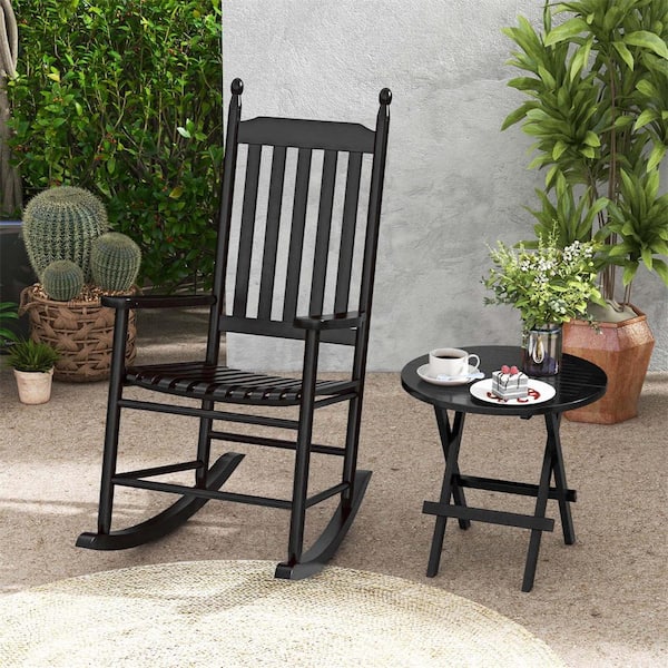 Black Wood Outdoor Rocking Chair with Solid Rocking Base Slatted Seat and Back