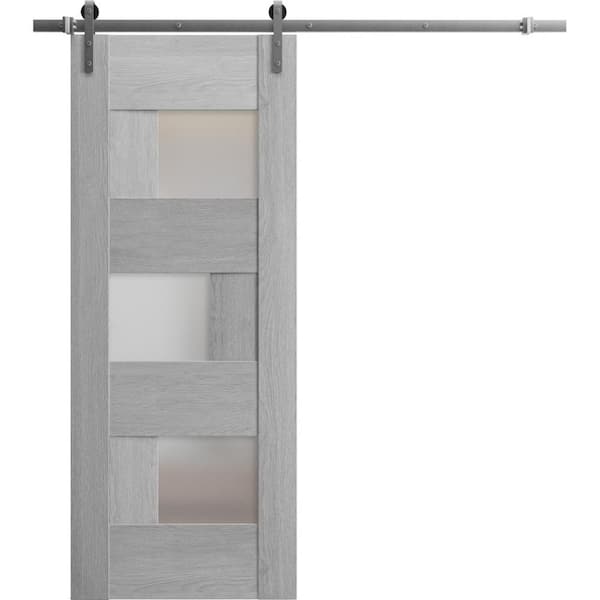32 in. x 80 in. 1 Panel Frosted Glass Light Grey Oak Wood Sliding Barn Door with Hardware Kit