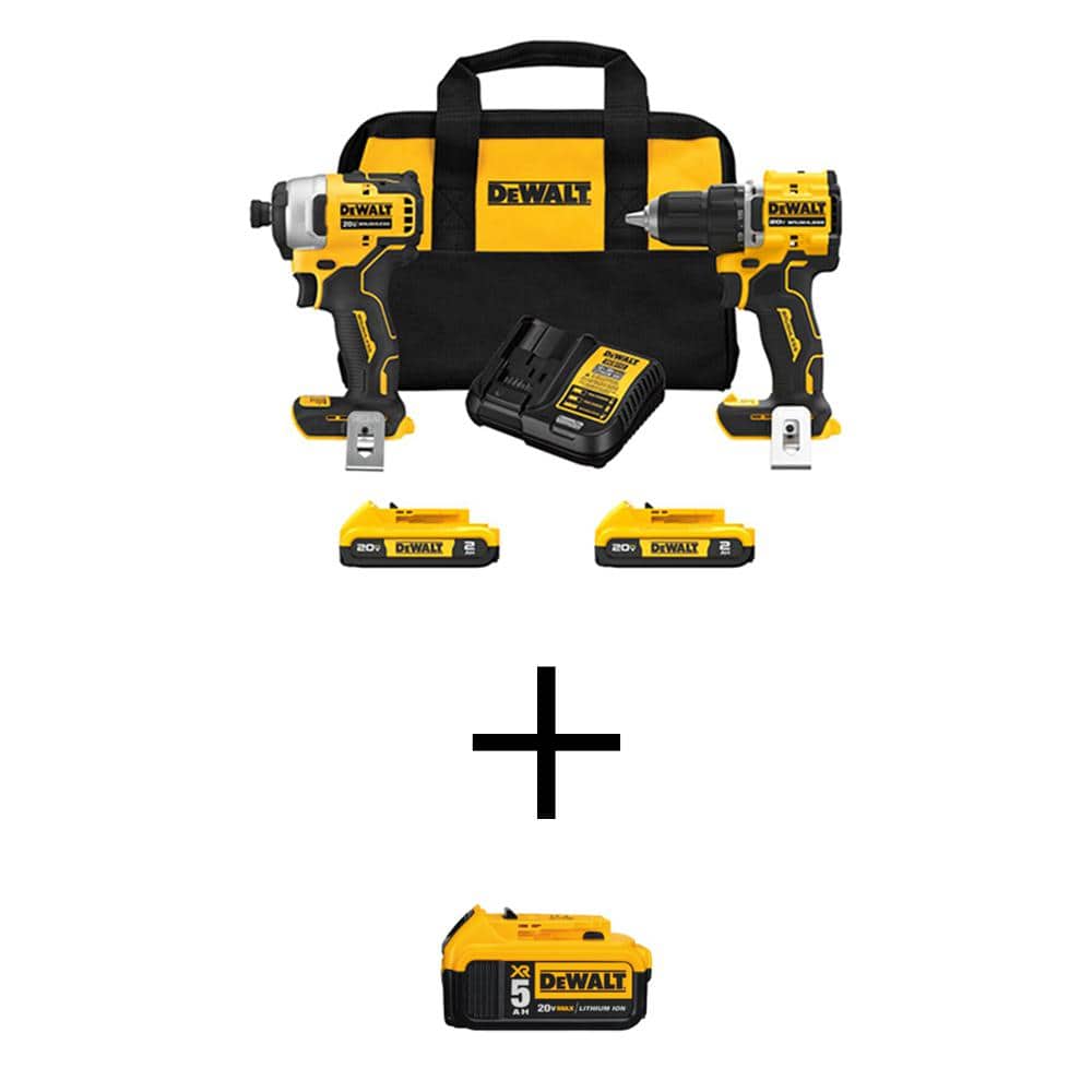DEWALT ATOMIC 20V MAX Lithium-Ion Cordless Combo Kit (2-Tool) with Premium 5.0Ah Battery, (2) 2.0Ah Batteries, Charger and Bag -  DCK225D2WDCB205