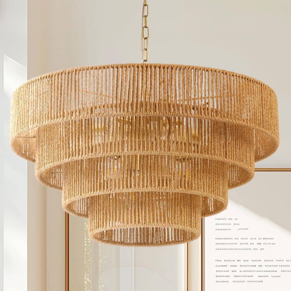 Briignite 20in. 6-Light Hand Woven Rattan Pendant Light for Living