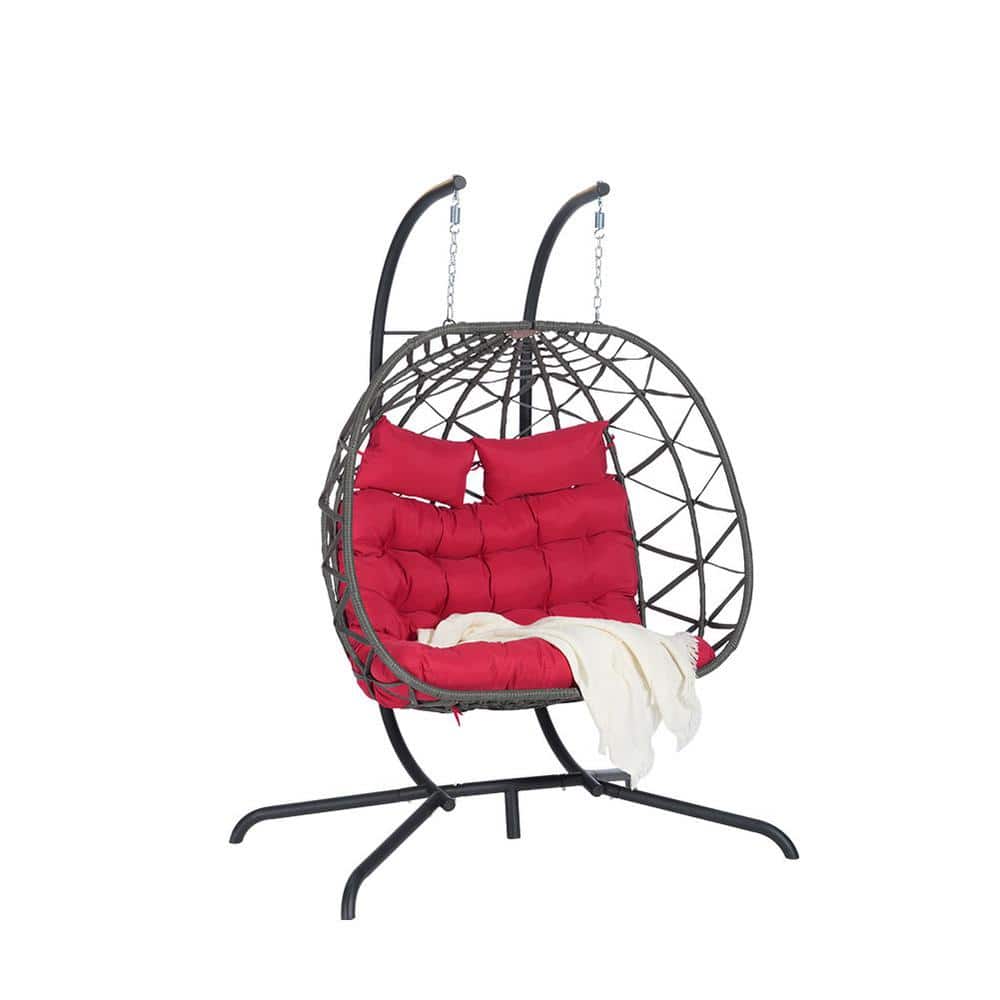 Sudzendf Modern Metal Large Dark Gray Ratten Double Seat Patio Swing