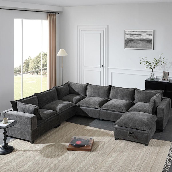 117.5 in. Chenille Modular Sectional Sofa in Gray with Movable Storage Ottoman