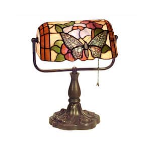 13 in. Butterfly Multicolored/Brown Desk Lamp with Pull Chain