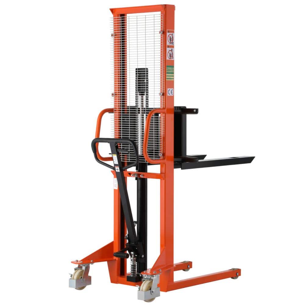 1,100 lbs. Hand Pallet Stacker Manual Walkie Stacker with Fixed Legs 63 in.