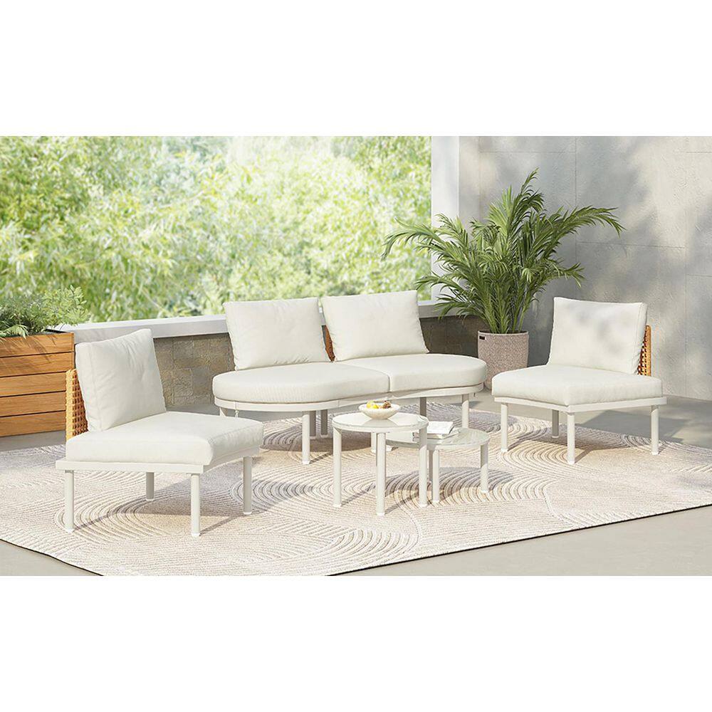 6-Piece Wicker Outdoor Sectional Set with Beige Cushions with 2 High ...