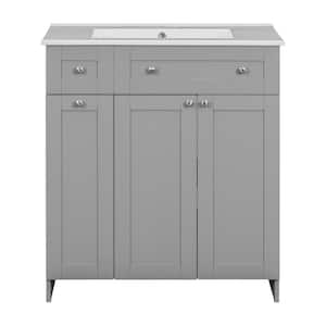 30 in. W x 18 in. D x 34 in. H Gray Bathroom Vanity with Single Sink and White Ceramic Top, 2-Doors, 2-Tier Deep Drawer