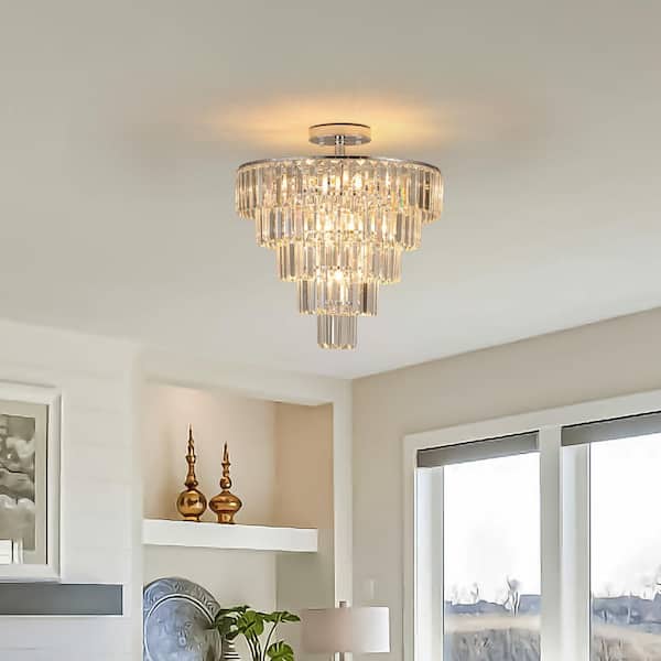 19.7 in. 10-Light Chrome Luxury Ceiling Lighting Semi-Flush Mount with Crystal Shade and No Bulbs Included