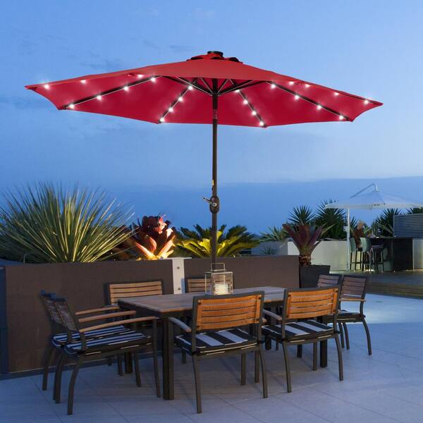 Sonkuki Solar Lighted Led 9 Ft Aluminum Patio Market Circle Outdoor Umbrellas With Push On Tilt And Crank Lift In Red R Hs 280rd - Ace Hardware Patio Table Umbrella