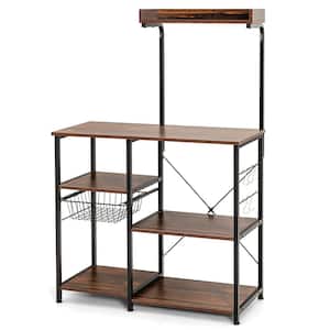 4-Tier Kitchen Baker's Rack Microwave Stand with Basket and 5-Hooks Dark Brown