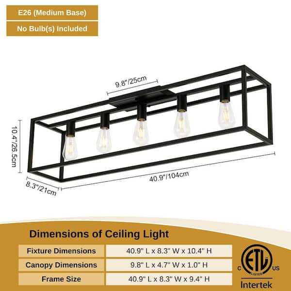 HUOKU Libtad 5-Light 40.9 in. W Matte Black Farmhouse Flush Mount