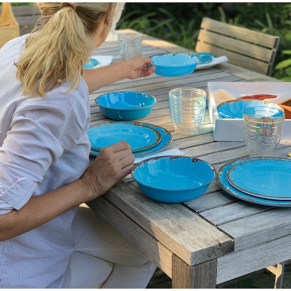 Hware 12 Pcs Melamine Break-Resistant Indoor Outdoor Dinnerware Set Service For 4 Round Pattern,Blue 