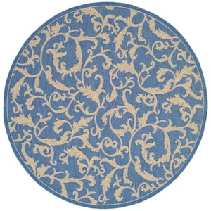 Courtyard Blue/Natural 5 ft. x 5 ft. Round Border Indoor/Outdoor Patio  Area Rug