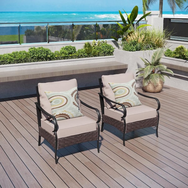 PHI VILLA Black Metal Frame Dark Brown Rattan Wicker Outdoor Patio Lounge Chairs with Beige Cushions(2-Pack)