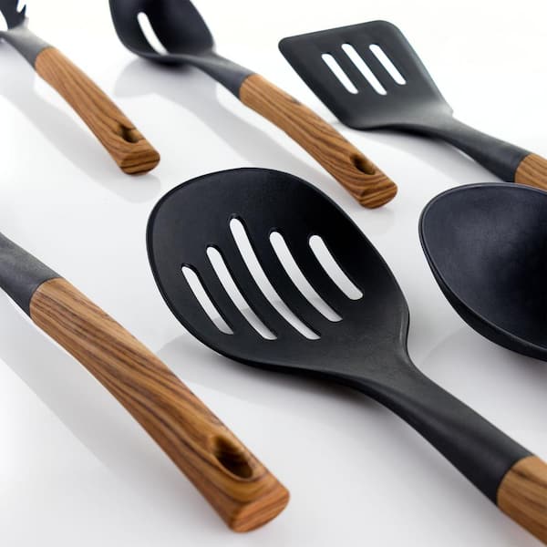 MegaChef Black Nylon Cooking Utensils with Wood Design, Set of 7
