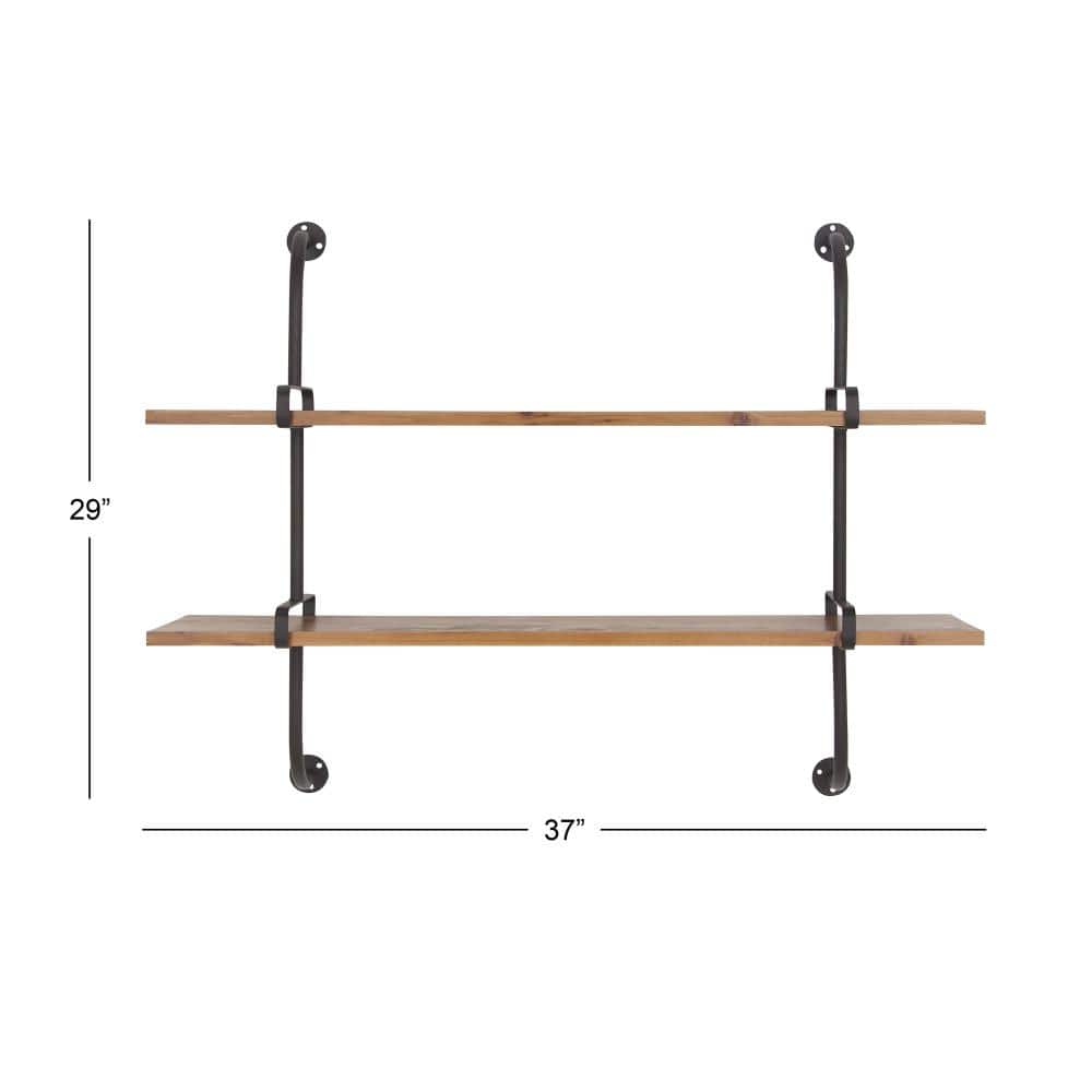 Brown Iron and Fir Wood 2-Tier Wall Shelf, 37" x 29"