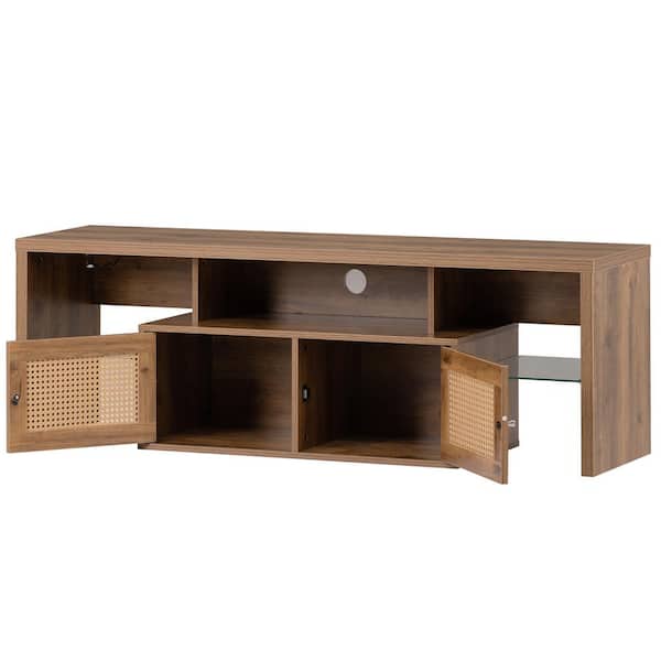 59 in. Yellow Wood TV cabinet TV Console table with Doors, Removable Glass  shelves and LED light Fits TV's up to 60 in.